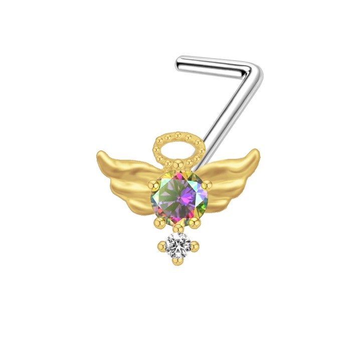 Dainity 18G Angel Wing Nose Stud with Diamond CZ L-Post Ring Jewelry - Gold
