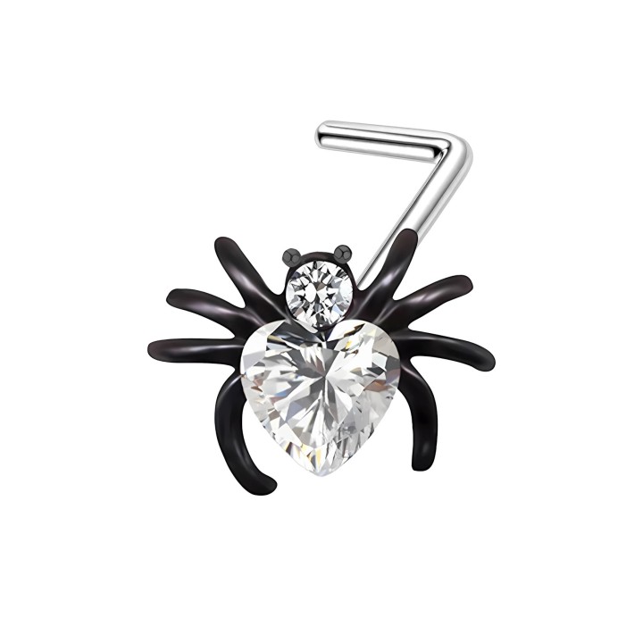 Small Dainity Spider Nostril Pin with CZ L-Shape L-Post Stud Ring - Clear