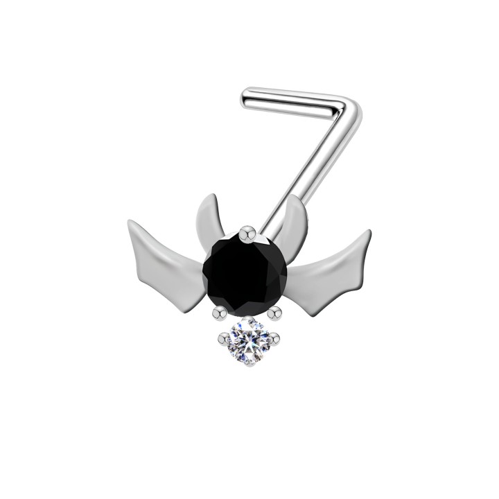 Dainity 18G Devil Wing Nose Stud with CZ Pin and L-Bend Hugger Jewelry - Silver