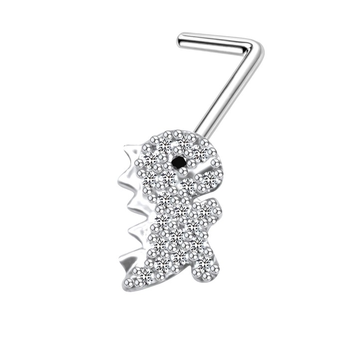 Dainity 18G Cute Dino Nose Stud CZ L-Post Screw and Hugger Piercing Jewelry - Silver
