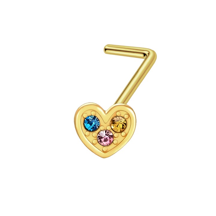 Delicate 18G Heart Nose Pin with CZ L-Post Stud Ring Hugger - Gold