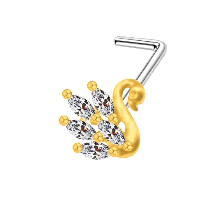 Dainity 18G Swan Nose Stud with CZ L-Bend Ring and Pin Jewelry - Gold