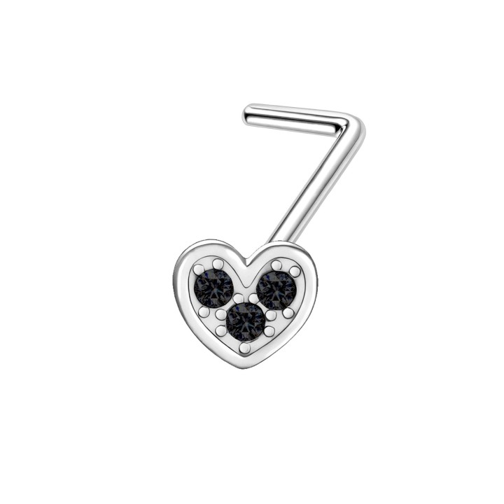 Diamond CZ Heart Nose Stud Pin with Delicate L-Post L-Shape Ring - Silver