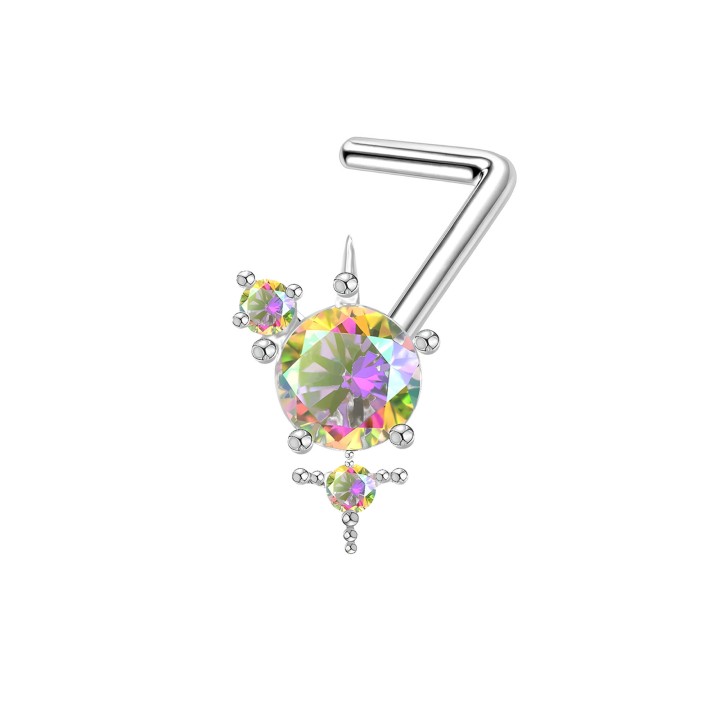 Dainity Aurora Borealis Nose Stud with CZ Pin and L-Post L-Bend Ring Jewelry - Gold