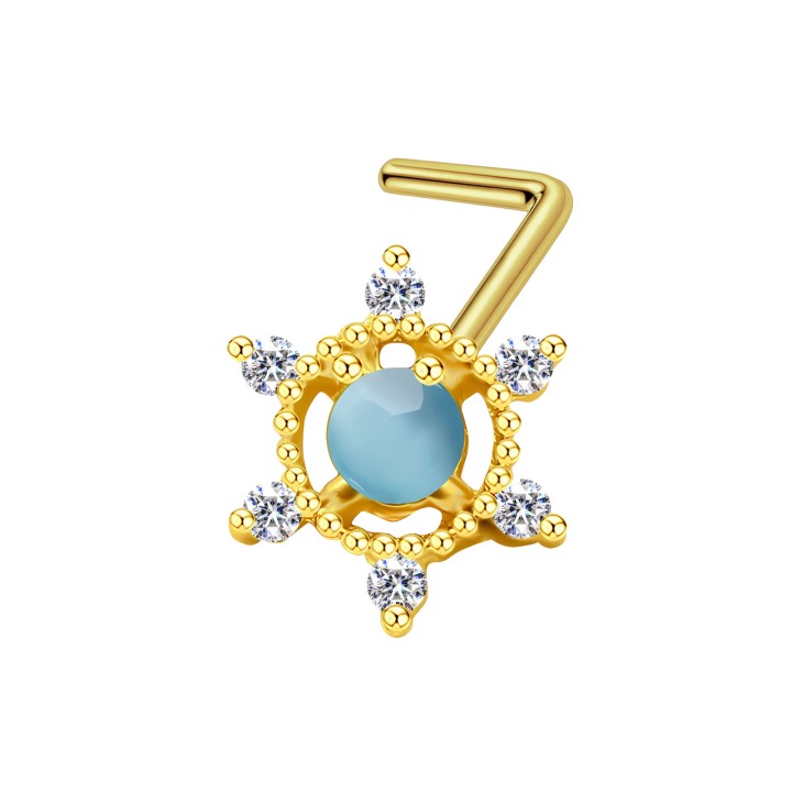 Small Dainity Wheel Nostril Ring with Delicate CZ Screw L-Post Pin - Gold