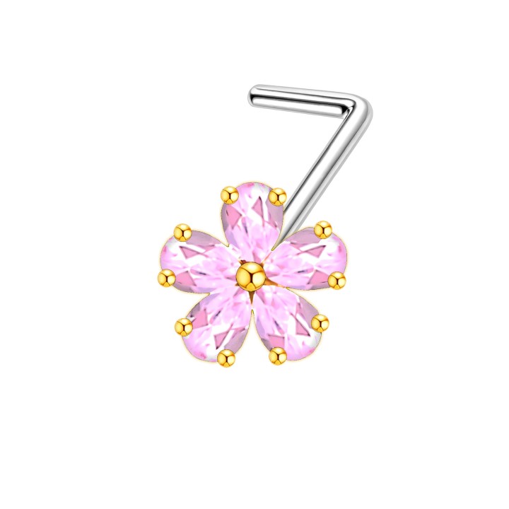 Dainity Flower Nose Ring with CZ Pin and L-Post Hugger Jewelry - Gold