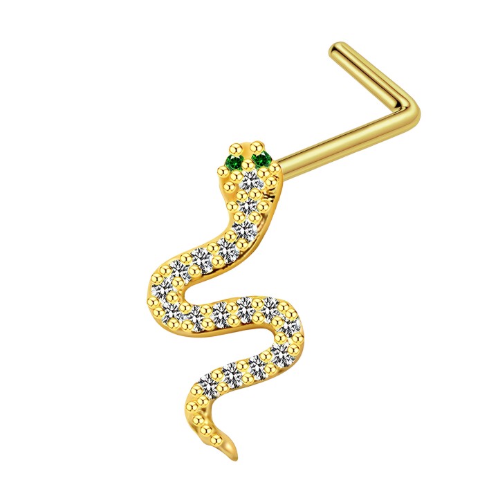 Small Dainity Snake Nose Ring with CZ L-Bend L-Post Screw - Gold