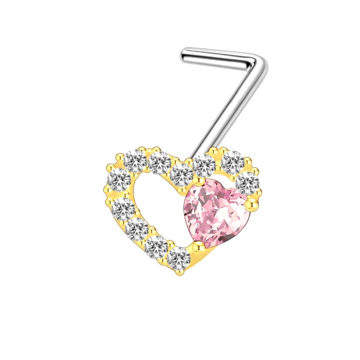 Dainity Double Heart Nose Ring Stud with CZ Pin and L-Post Hugger Jewelry - Gold