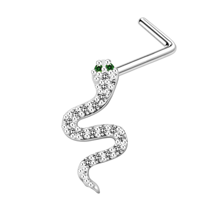 Tiny Snake Nose Pin with Diamond CZ L-Post Stud Piercing - Silver