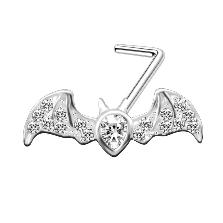 Dainity Bat Nose Ring with CZ L-Post Hugger Jewelry - Silver