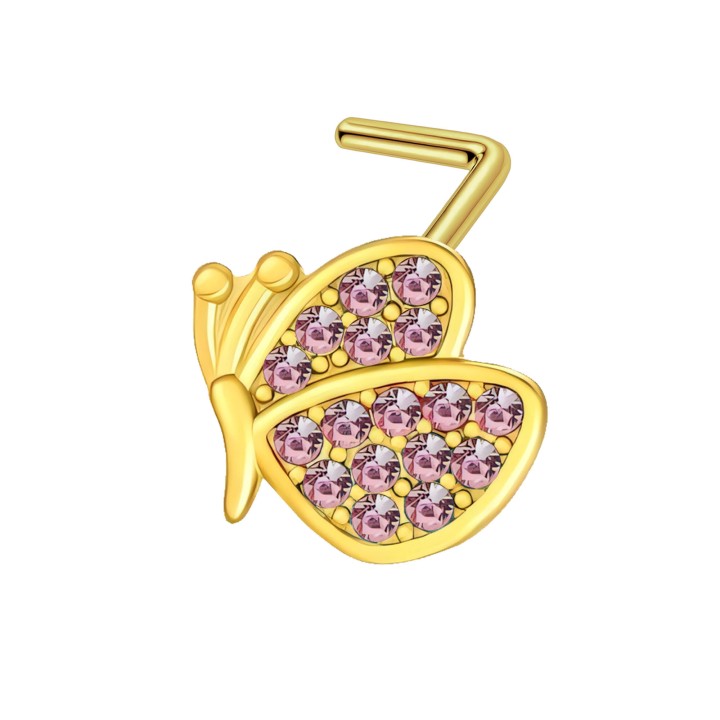 Small Dainity Butterfly Nose Stud with CZ L-Post Hugger Ring - Gold
