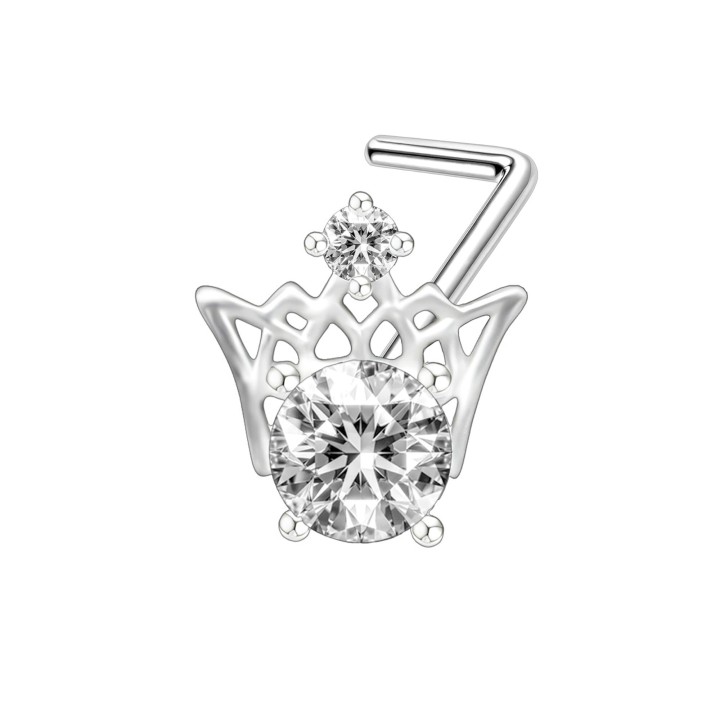 Dainity Crown Nose Stud with CZ Pin and L-Bend Ring Jewelry - Silver