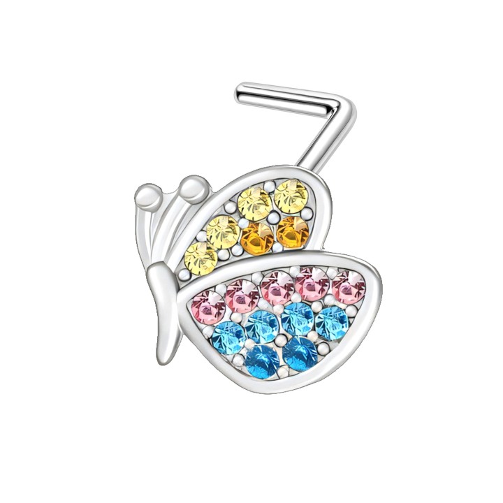 18G Butterfly Nostril Screw Stud with Delicate CZ L-Post Ring - Silver
