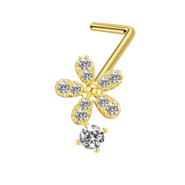 Dainity Flower Nose Ring Stud with CZ L-Post Hugger Jewelry - Gold