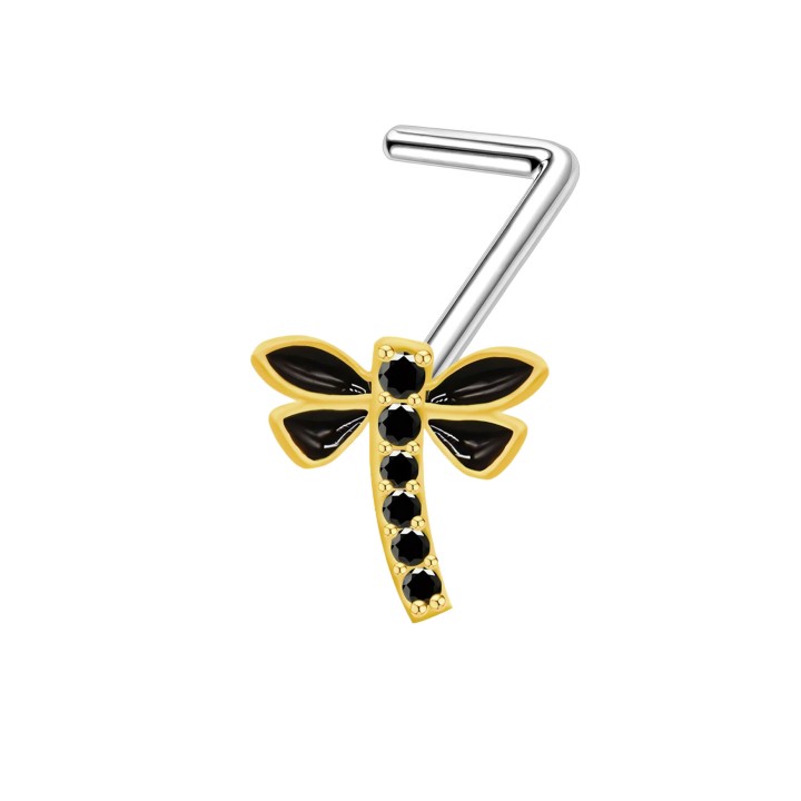 Small Dainity Dragonfly Nostril Stud with CZ L-Post Pin Ring - Gold