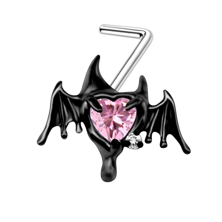Small Dainity Bat Nostril Ring with Heart CZ Screw L-Post Stud - Black