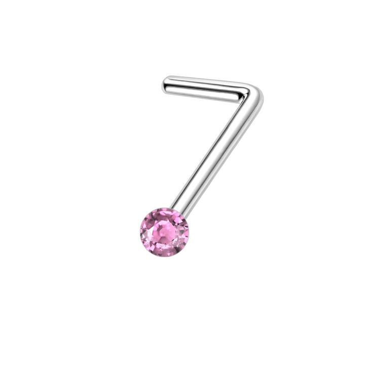 Delicate CZ Nose Stud Ring with Small Hugger L-Shape L-Post L-Bend Pin Jewelry - Pink