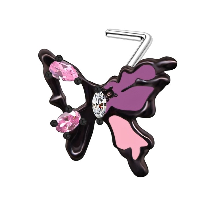 Small Dainity Butterfly Nostril Stud with Diamond CZ Hugger L-Post Ring - Black