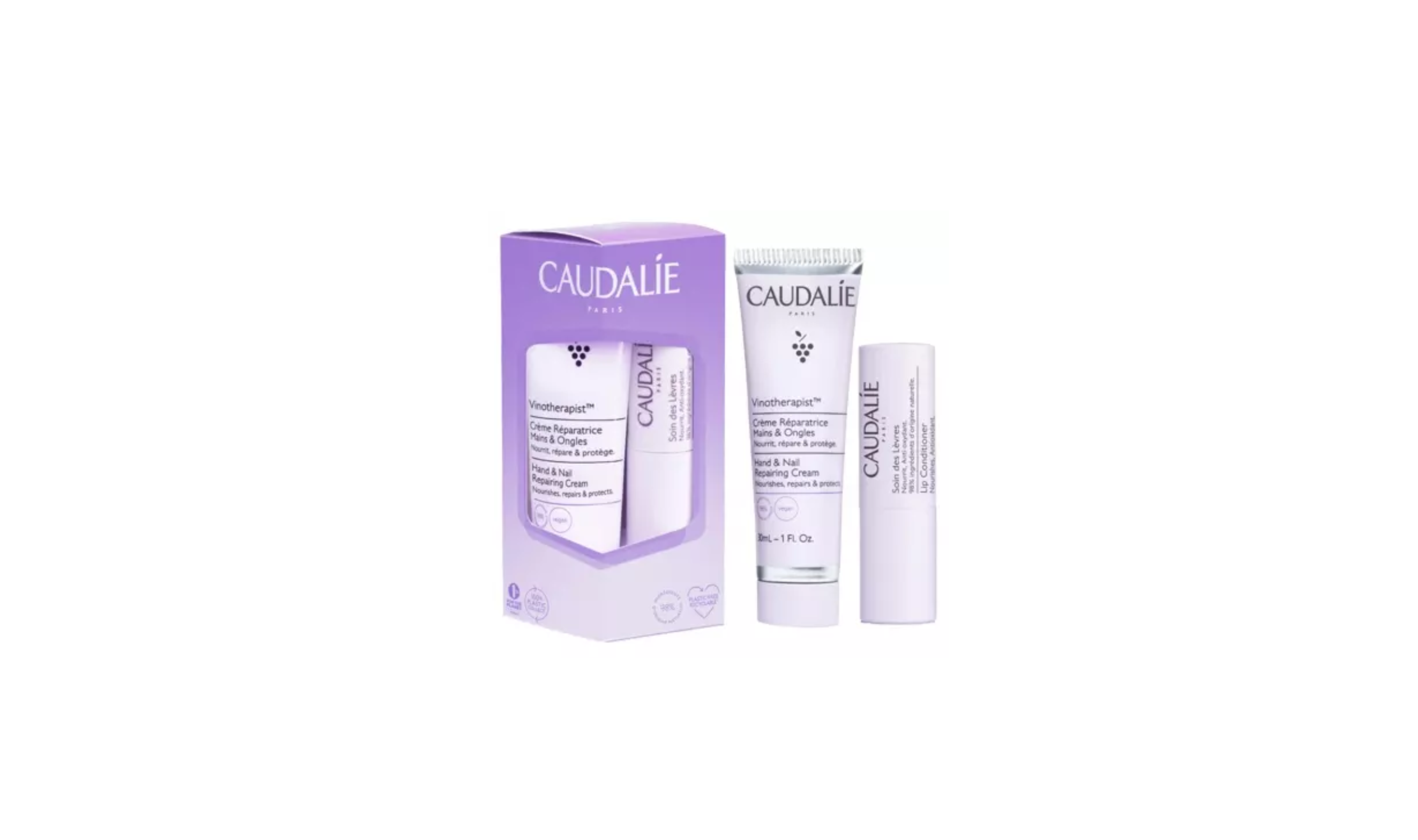 Caudalie Lip & Hand Duo Promo With Vinotherapist Hand & Nail Repairing Cream, 30ml & Lip Conditioner, 4.5g, 1Set
