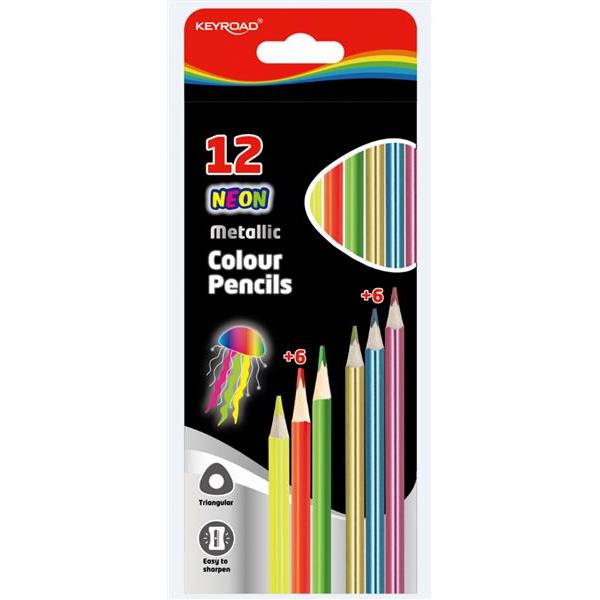 Keyroad 6Pcs Neon Color Pencil + 6Pcs Metallic Pencil Box