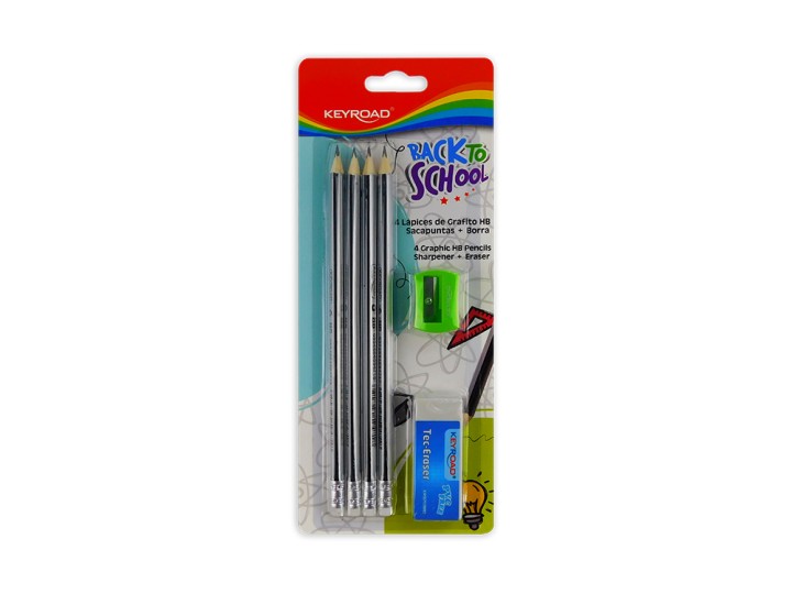 Keyroad Pencils Set Of 4 + Eraser + Sharpener Blister