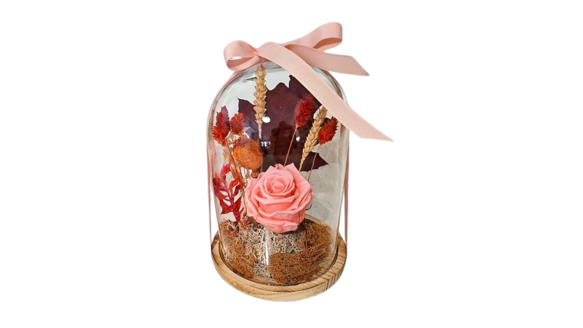 Forever Single Rose With Dry Flowers In A Big Glass Dome