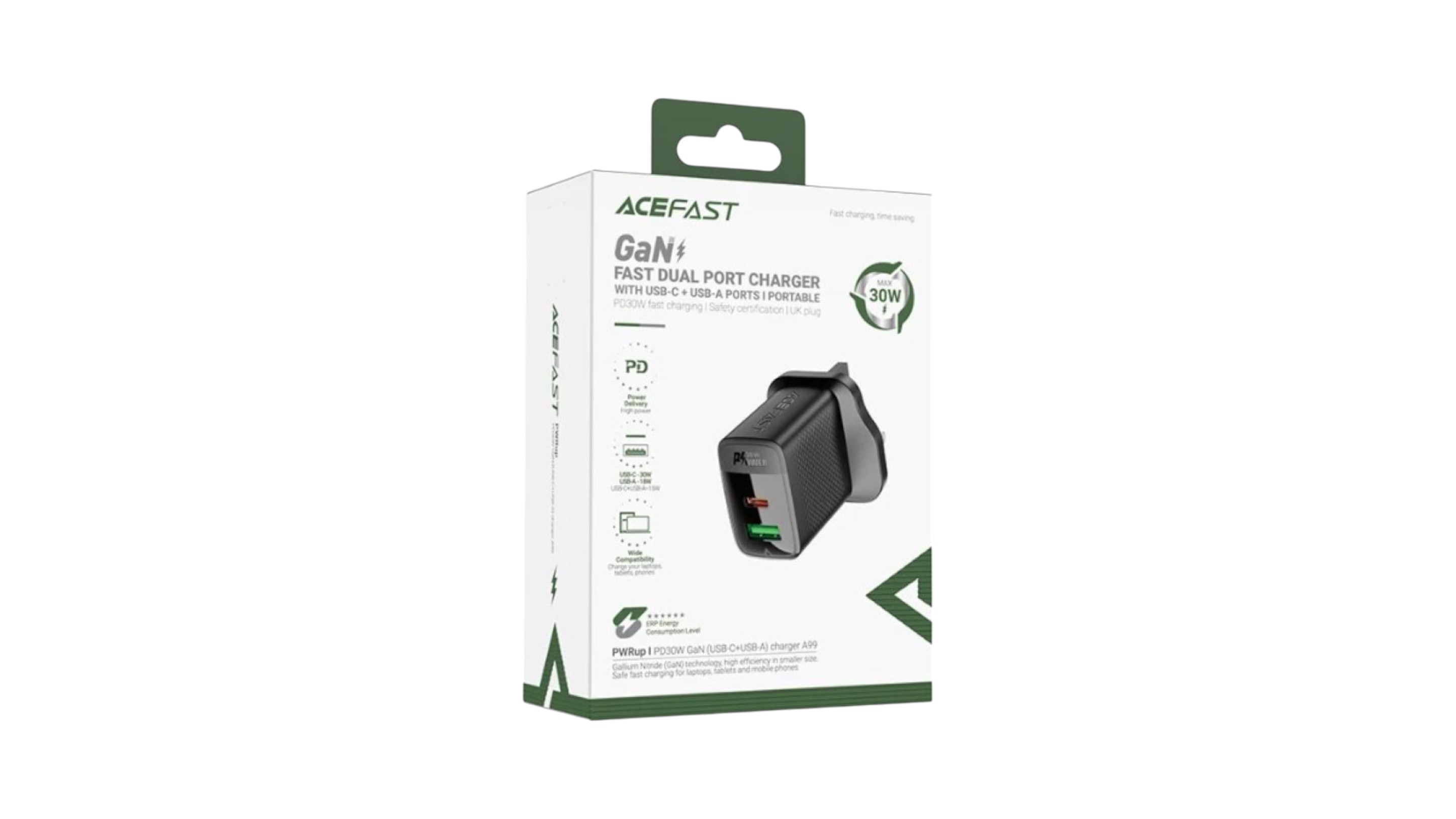 Acefast A99 PD30W GaN (USB-C+USB-A) charger,black (UK)