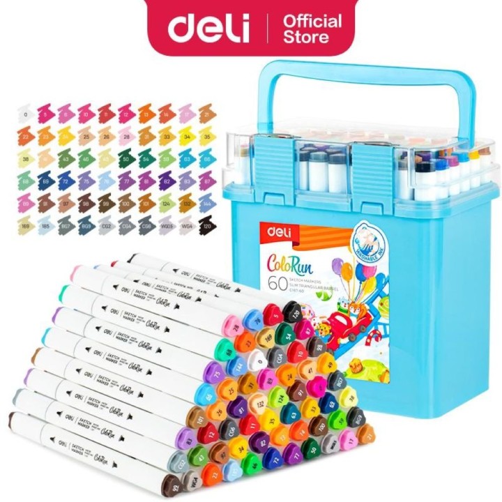 DELI WATER BASED TWIN SKETCH MARKERS 60 COLOURS BOX SET