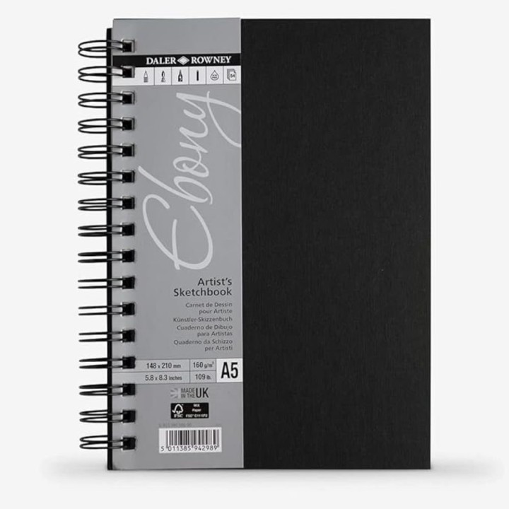 Daler Rowney Ebony Hardback Spiral Sketchbook Portrait A5 : 50 sheets : 160gsm