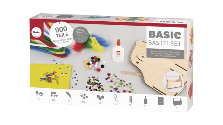Basic craft set 900 parts 25x12x20cm, with wooden-handle box