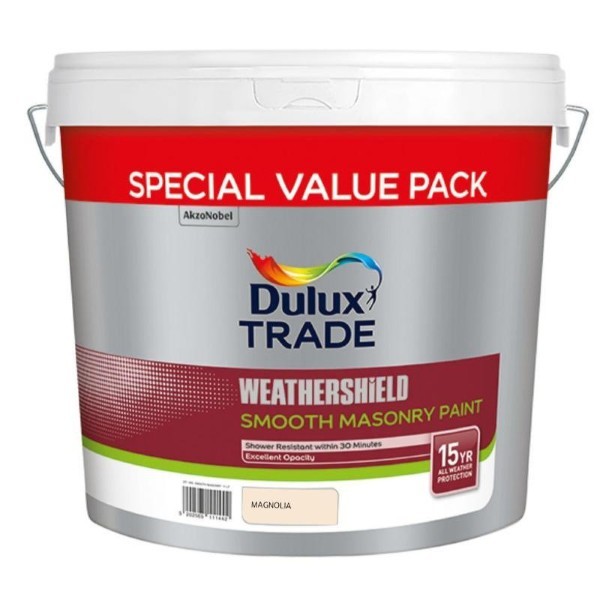 DULUX TRADE WEATHERSHIELD SMOOTH MASONRY PAINT MAGNOLIA VALUE PACK 11L