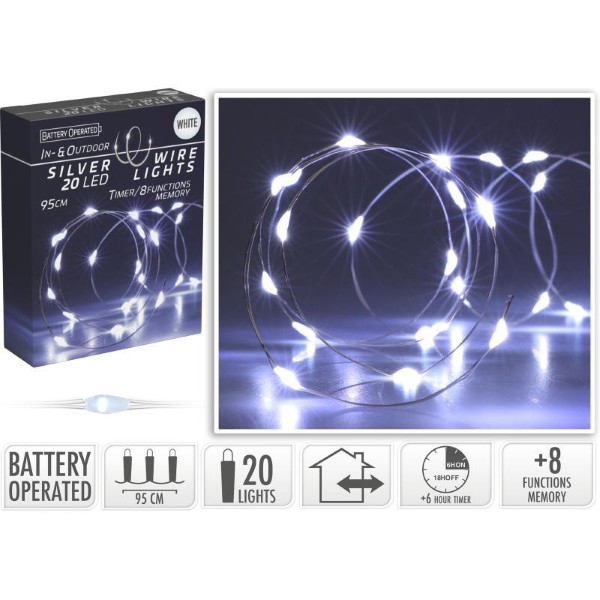 SILVER WIRE 20 LED LIGHTS - WHITE