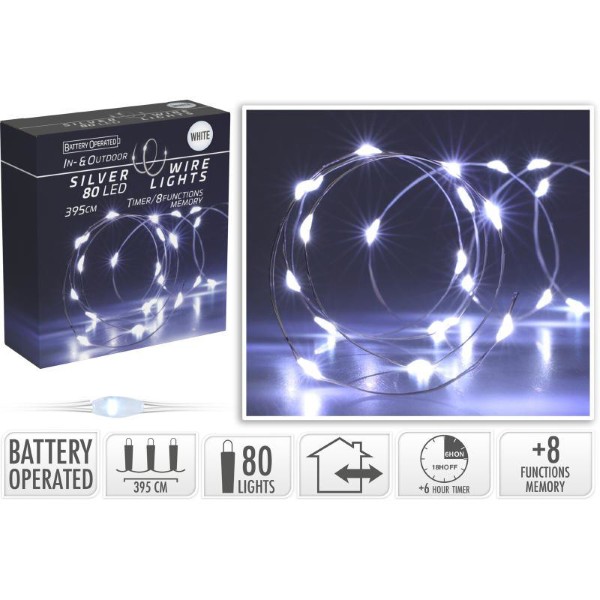 SILVER WIRE 80 LED LIGHTS 395CM - WHITE