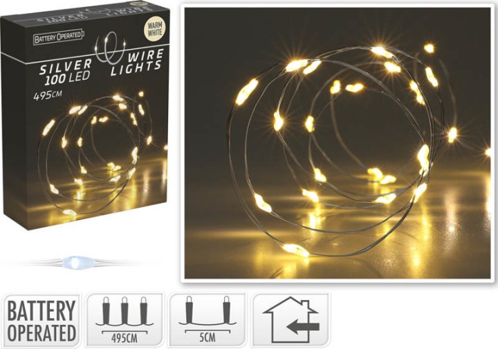 LED LIGHTS ON SILVER WIRE 100PCS - WARM WHITE