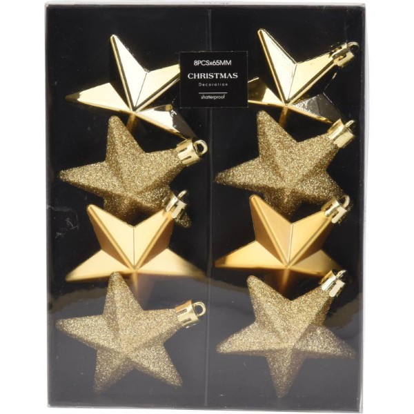 STAR HANGING DECORATION 6.5CM 8PCS GOLD - ASSORTED SETS