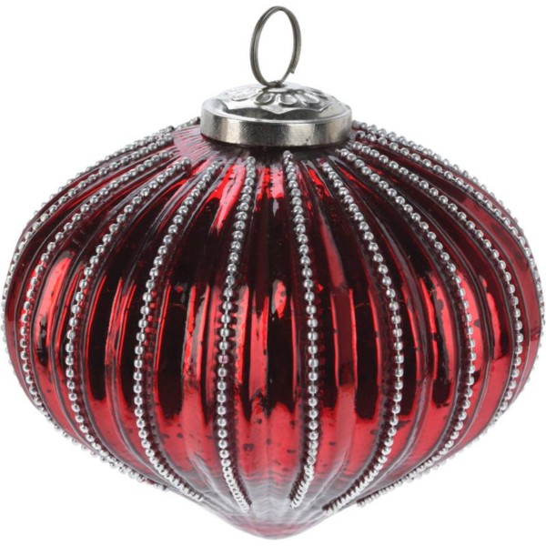 CHRISTMAS GLASS BALL WITH BEADS 12CM - RED
