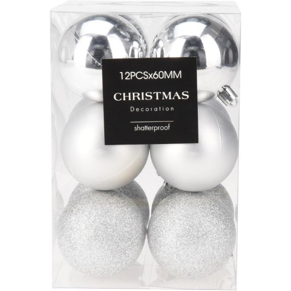 CHRISTMAS BALL HANGING DECORATION 6CM 12PCS - SILVER