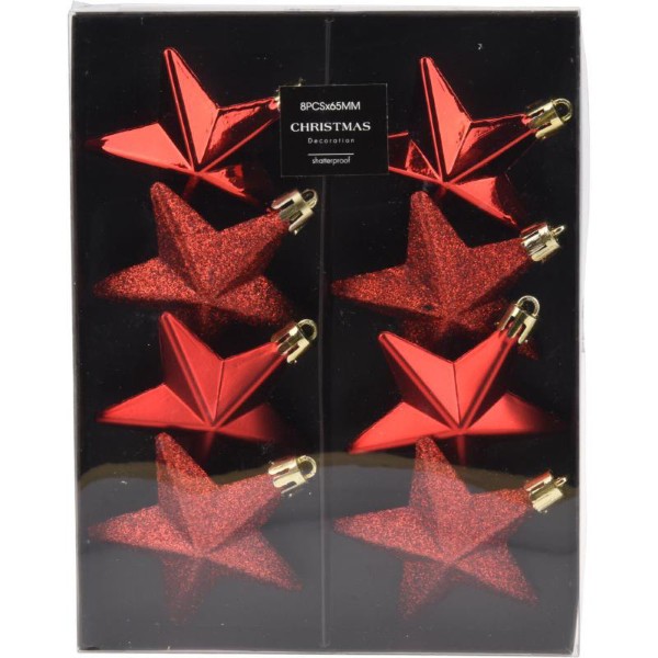 STAR HANGING DECORATION 6.5CM 8PCS - RED