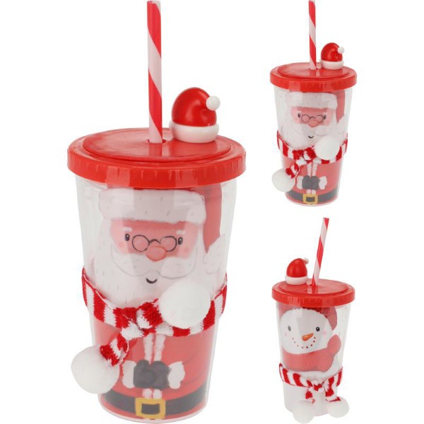 CHRISTMAS CUP WITH STRAW 420ML - ASSORTED DESIGNS