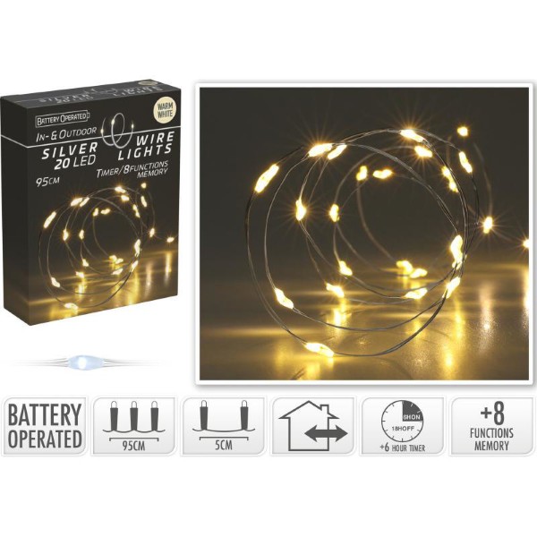 SILVER WIRE 20 LED LIGHTS 95CM - WARM WHITE IP44