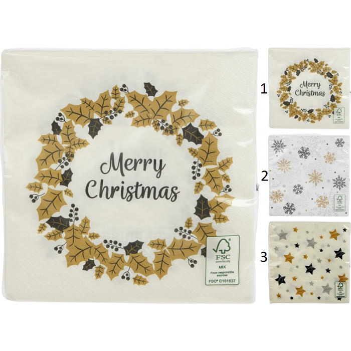 CHRISTMAS NAPKINS 33X33CM 20PCS - ASSORTED DESIGNS