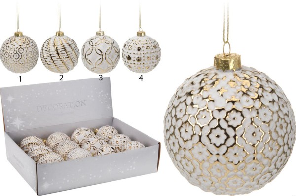 XMAS BALL GLASS 8CM WHITE GOLD - ASSORTED DESIGNS