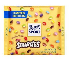 RITTER SPORT LIMITED EDITION MADE WITH SMARTIES IN WHITE CHOLOLATE 100G
