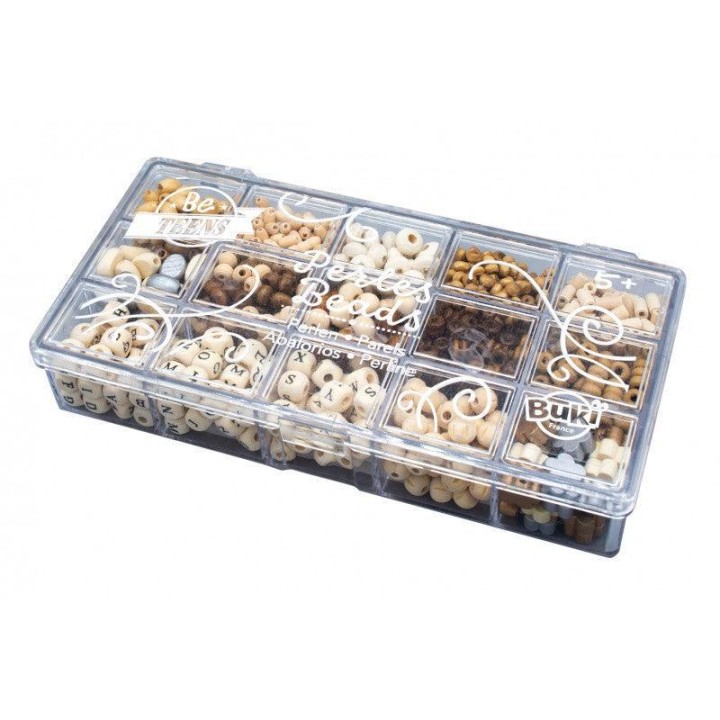 BUKI France Box of Wooden Beads – Natural 11years +