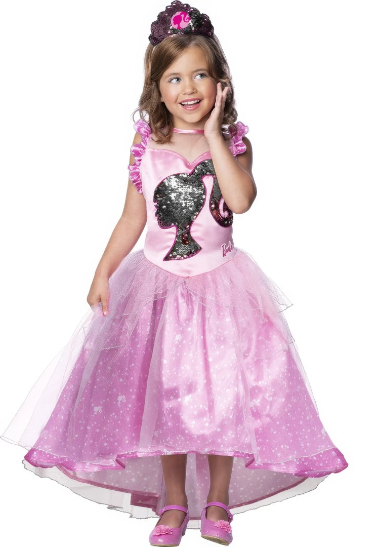 BARBIE Princess Child Pink Dress with Sequins and Tiara Large 7-8 years