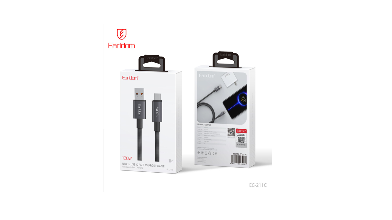 353A14#Earldom®EC-211C USB to USB Type C, 120W (6A) fast charger cable, nylon braid, black