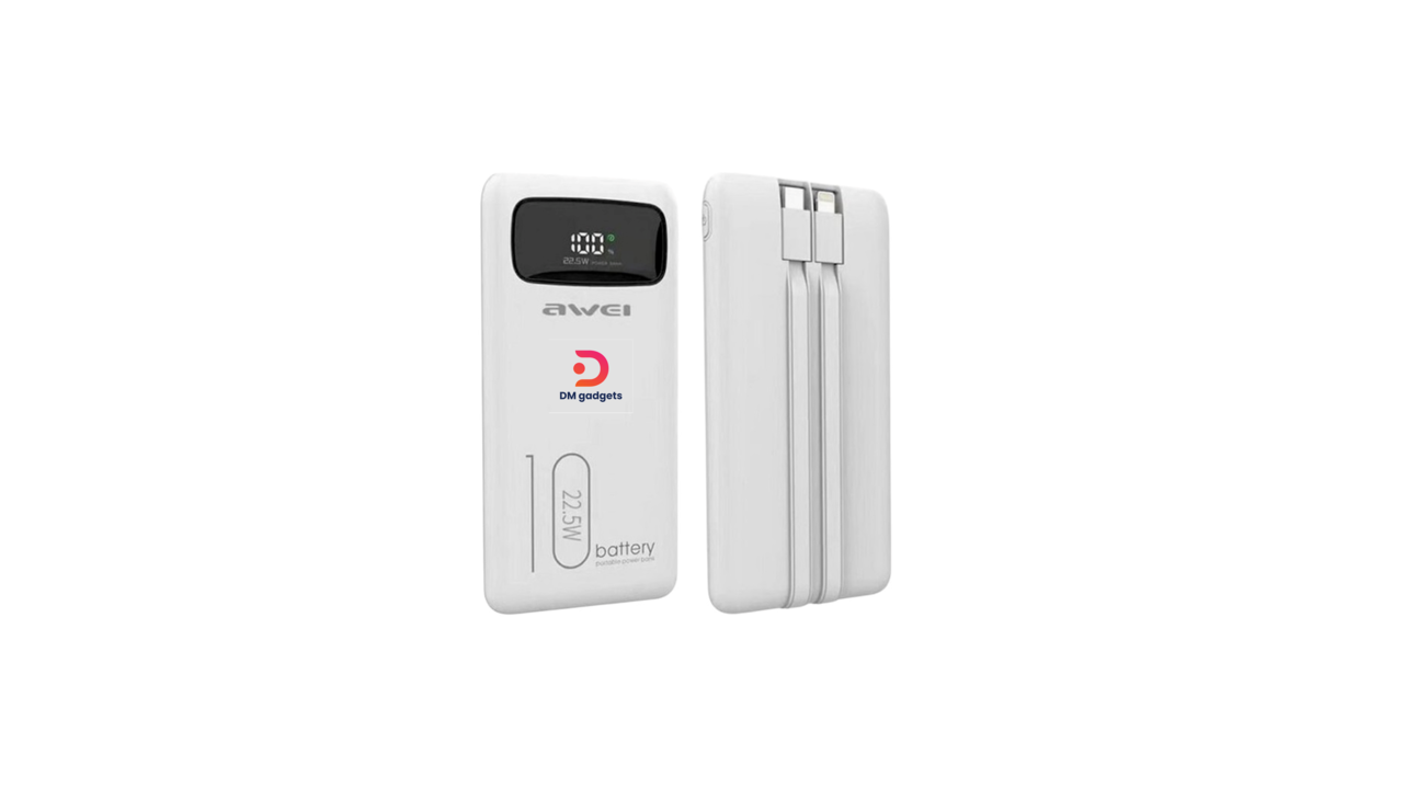 177H#Awei® P168K Powerbank – 10.000mAh 22.5W with built-in Type-C and Lightning cables-White