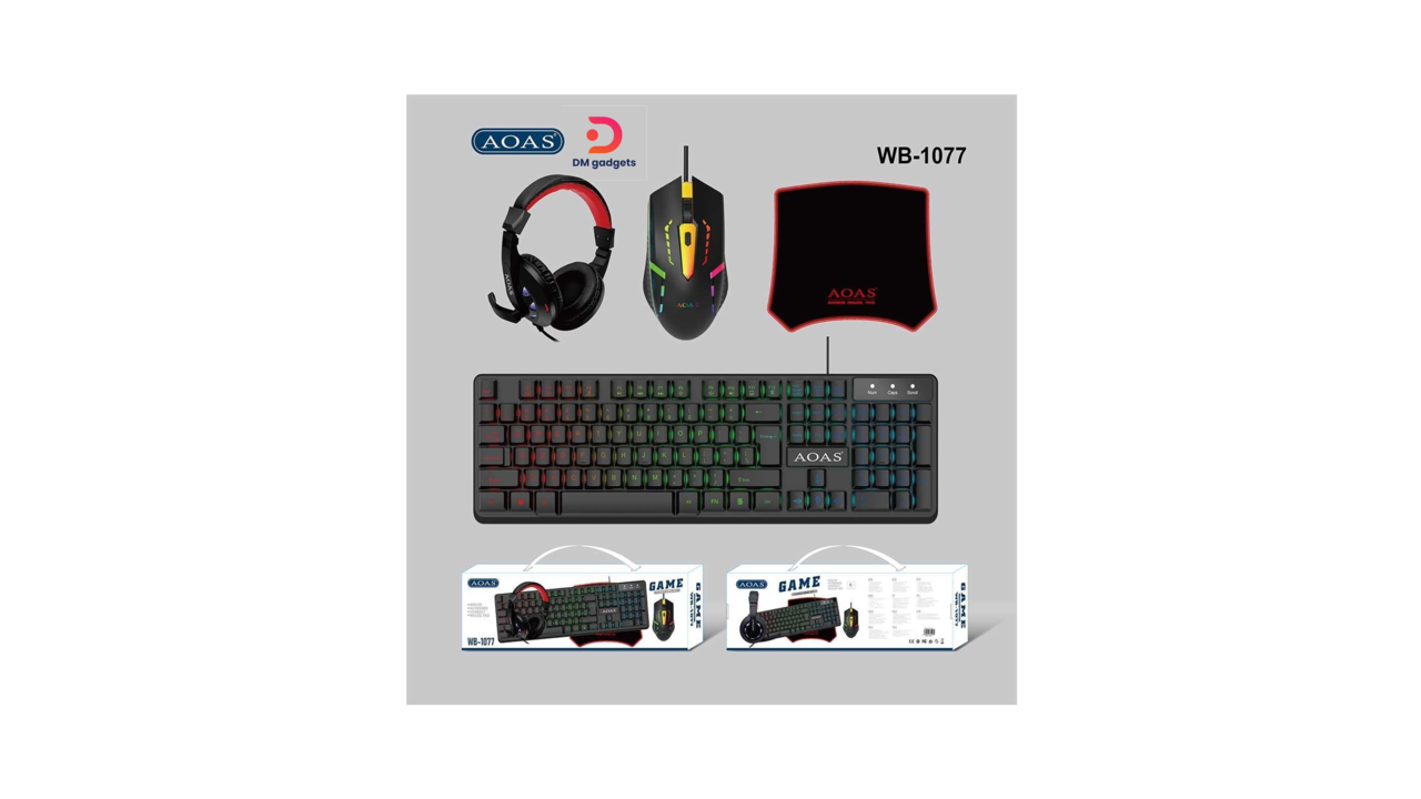 435S#AOAS®WB-1077 RGB LED Complete 4-in-1 Gaming Set wired keyboard, headphones, mouse, mousepad – Black
