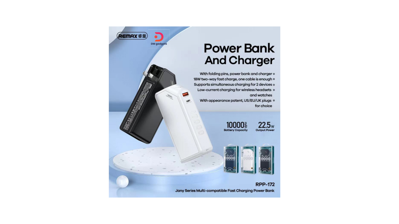 186L#Remax® RPP-172 10000mAh 22.5W + UK 18W PD-18W QC Fast Charger with USB-A+USB-C Black
