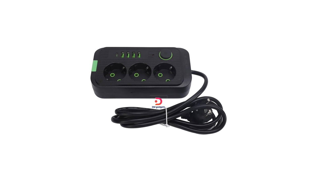 340A9#JINHUAI®F016U 3-way Power Strip, 4 USB and 2 Type-C with switch – 2500W-EU plug – Black